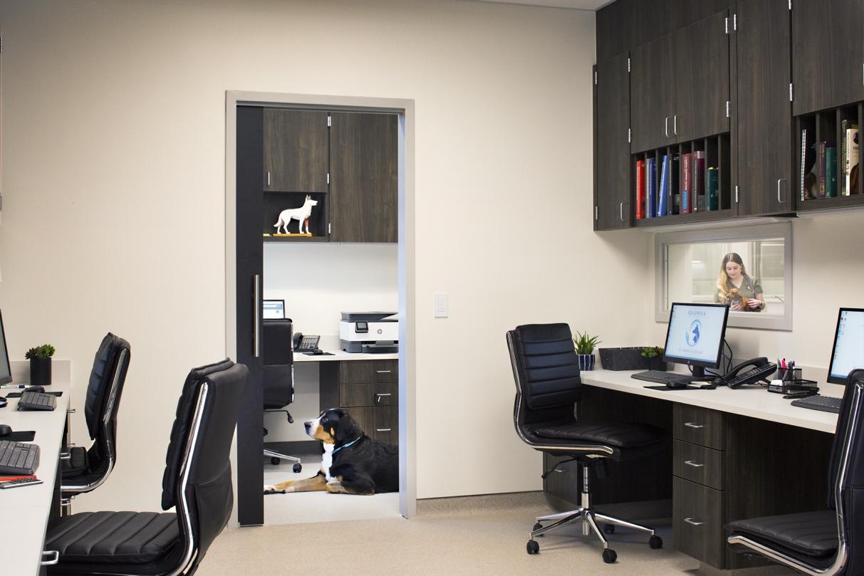 Animal Arts designs pet-friendly workspaces, such as this vet-practice office space where the clinic dog is welcome to hang out.